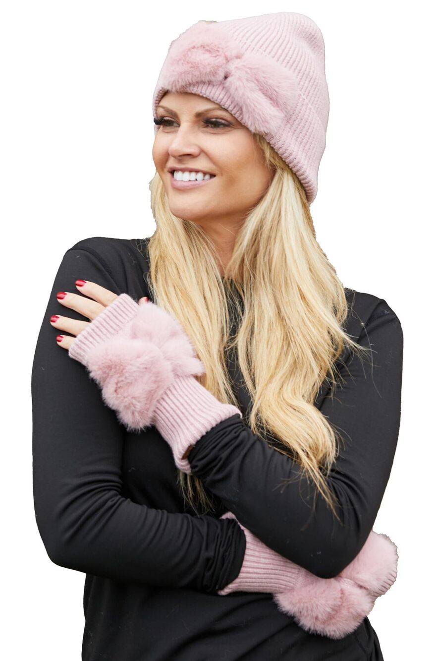 3532 Matching 2 Pack Ribbed Knit Chenille Bow Beanie & Fingerless Knit